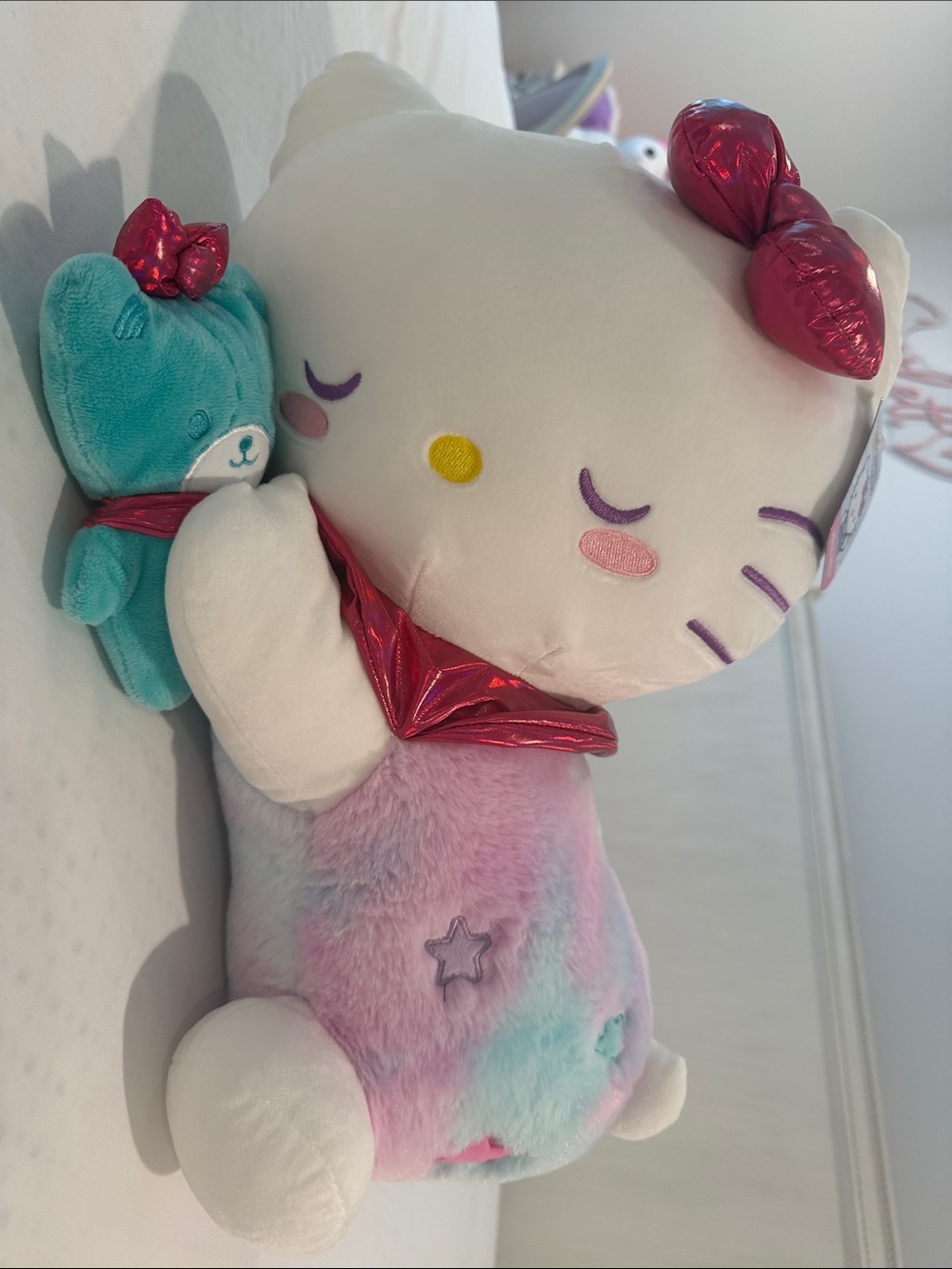 Hello Kitty Pastel Rainbow Plush with Teal Teddy and Metallic Pink Bow